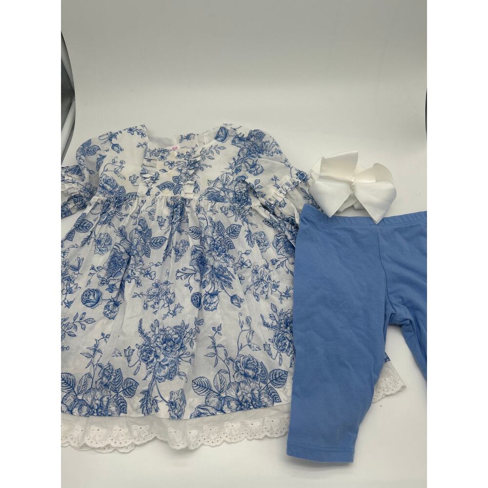 Bonnie Baby 24M Girls Blue White Floral Tunic Set Leggings Bow Headband Outfit
